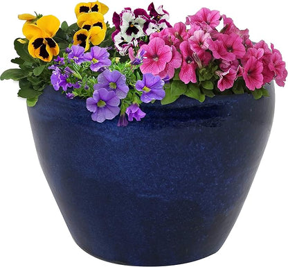 Sunnydaze Large Ceramic Plant Pot - Round Outdoor Glazed Ceramic Planter Pot with Drainage - Chalet - Imperial Blue - 14.5"