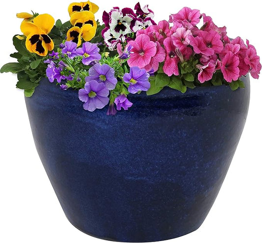 Sunnydaze Large Ceramic Plant Pot - Round Outdoor Glazed Ceramic Planter Pot with Drainage - Chalet - Imperial Blue - 14.5"