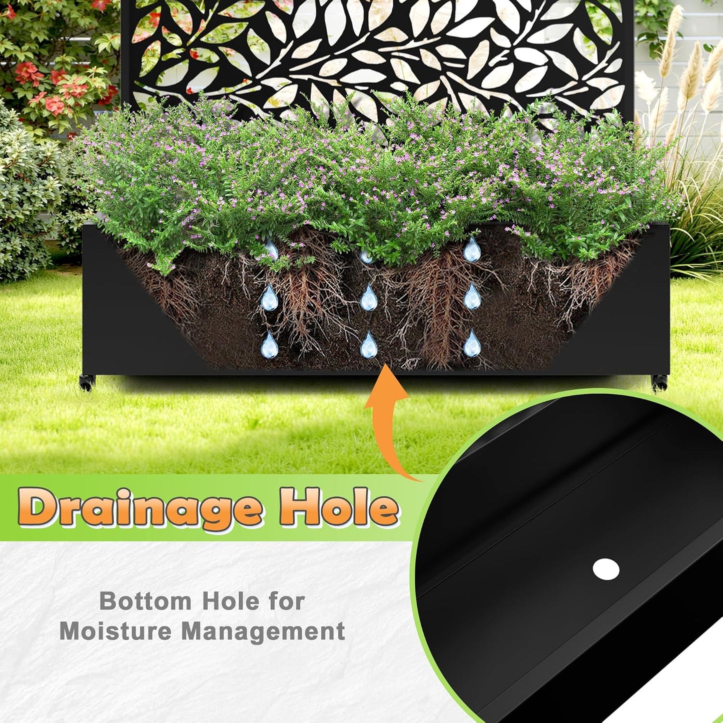 Metal Raised Garden Bed with Trellis, 2 in 1 Trellis with Planter Box & Privacy Screen for Climbing Plants, Vine, Outdoor Standing Flower Beds with Drainage Holes,47.2" L x 16.7" W x 70.8" H,(Black)