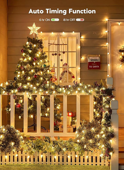 Brightown C9 Christmas Lights Outdoor, 114FT 150 LED Warm White String Lights with Timer, 8 Modes, Plug-in UL Listed Waterproof Connectable Christmas Tree Lights for House, Roof, Garden, Patio Decor