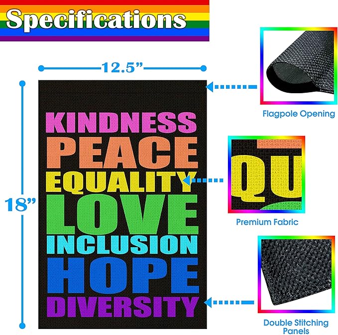 Pride Flag Kindness Peace Equality Love Inclusion Hope Diversity Garden Flag Vertical Double Sided 12.5"X18" Burlap Spring Summer Yard Sign Be Kind Flag Patio Outdoor Decoration