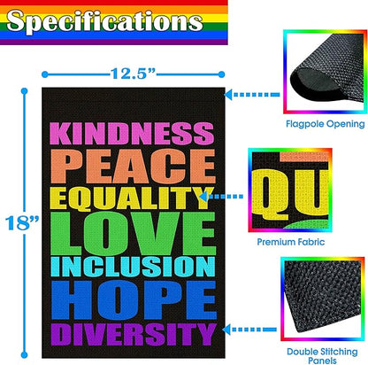 Pride Flag Kindness Peace Equality Love Inclusion Hope Diversity Garden Flag Vertical Double Sided 12.5"X18" Burlap Spring Summer Yard Sign Be Kind Flag Patio Outdoor Decoration