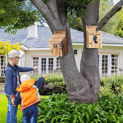 Dreyoo 2 Pack Cedar Bluebird Box Houses for Outside, 1-1/2” Entrance Hole Wooden Bird Houses with Metal Predator Guard, Secure Latch, Fledgling Grooves, Air Vents for Bluebird Wren Swallow Finch