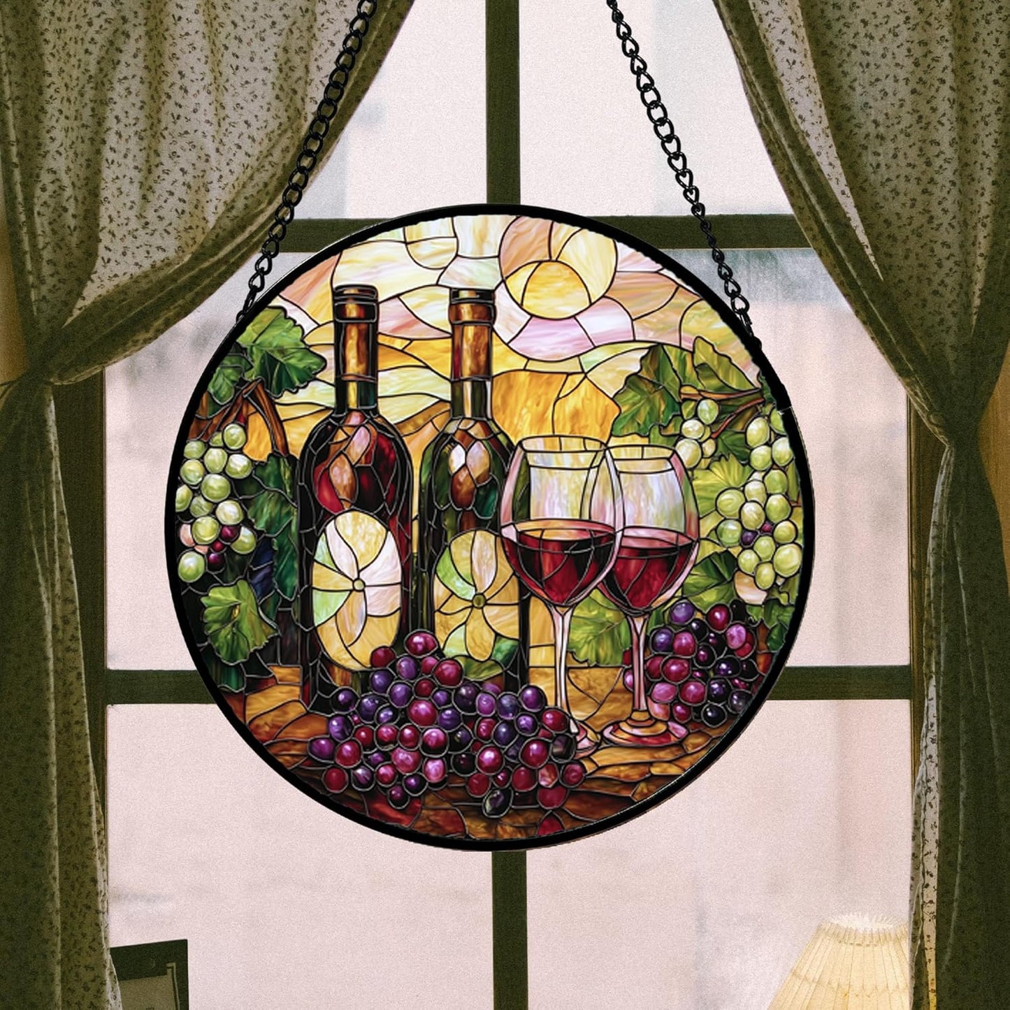 Stained Glass Window Hanging, Grapes and Wine Suncatcher Diamond Glass Panel Hangings Sun Catchers Decor for Birthday for Women, Men, Wife, Aunt, and Mom 14.9x14.9 in