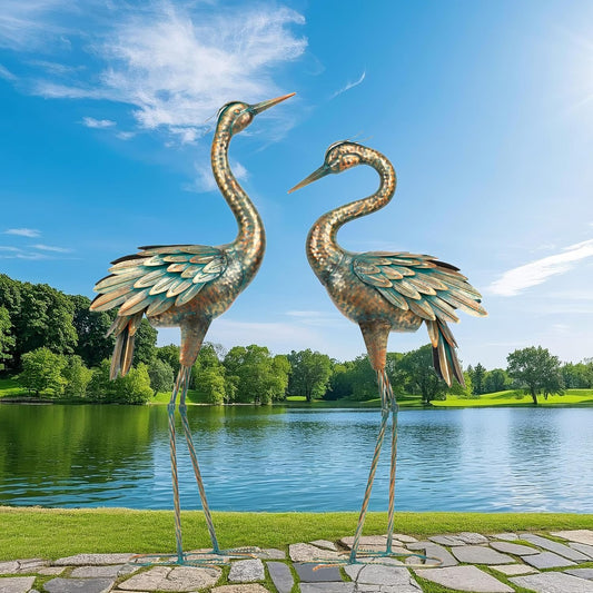Shorayn Metal Crane Garden Statue, Garden Sculptures & Statues, Bronze Crane Ornaments Yard Art for Backyard Patio Lawn Decorations