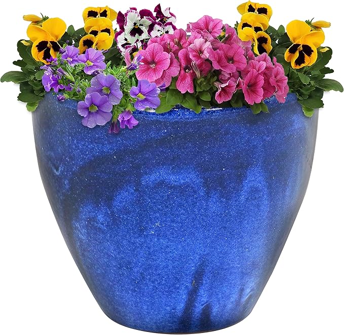 Sunnydaze Large Ceramic Plant Pot - Round Outdoor Glazed Ceramic Planter Pot with Drainage - Resort - Imperial Blue - 13.5"