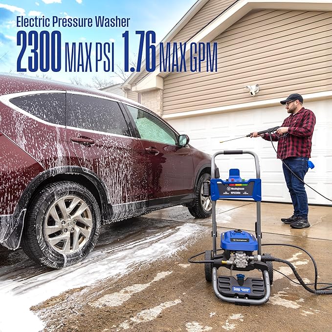Westinghouse WPX2300e Electric Pressure Washer, 2300 Max PSI and 1.76 Max GPM, Induction Motor, Onboard Soap Tank, Spray Gun and Wand, 5 Nozzle Set, for Cars/Fences/Driveways/Homes/Patios/Furniture