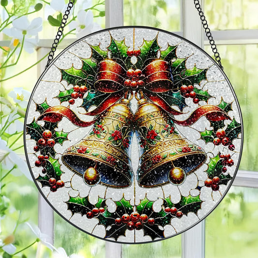 Stained Glass Window Hanging, Pauyadu Sun Catchers Indoor Window, Bells Christmas Suncatcher, Christmas Home Decor, Festive Gifts for Friends, Neighbor - 8 Inch