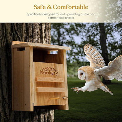 Owl House for Outdoors – Premium Large Cedar Nesting Box – Prebuilt Wooden Birdhouse for Screech Owls – Easy to Hang with Two Hanger Brackets, Mounting Screws & Cedar Shavings