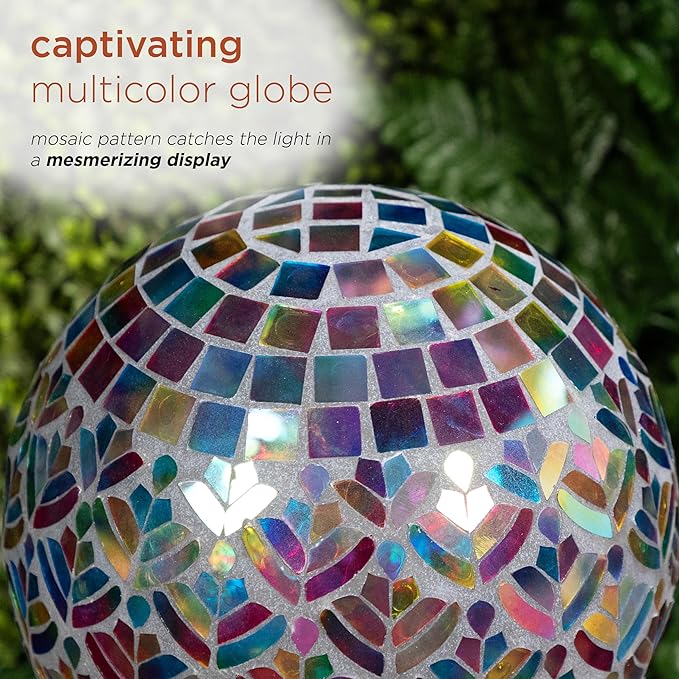 Alpine Corporation - Outdoor Glass Mosaic Peacock Gazing Globe - Iridescent Garden Decor, 10" Diameter, Multicolor