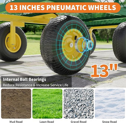 3-in-1 Heavy-Duty Steel Garden Cart, 1400 Lbs Garden Wagon, with 13 Inch All-Terrain Tires and Removable Mesh Side Panels, 180° Rotating Handle, Metal Utility Yard Trailer, Outdoor Gardens Wagon Cart