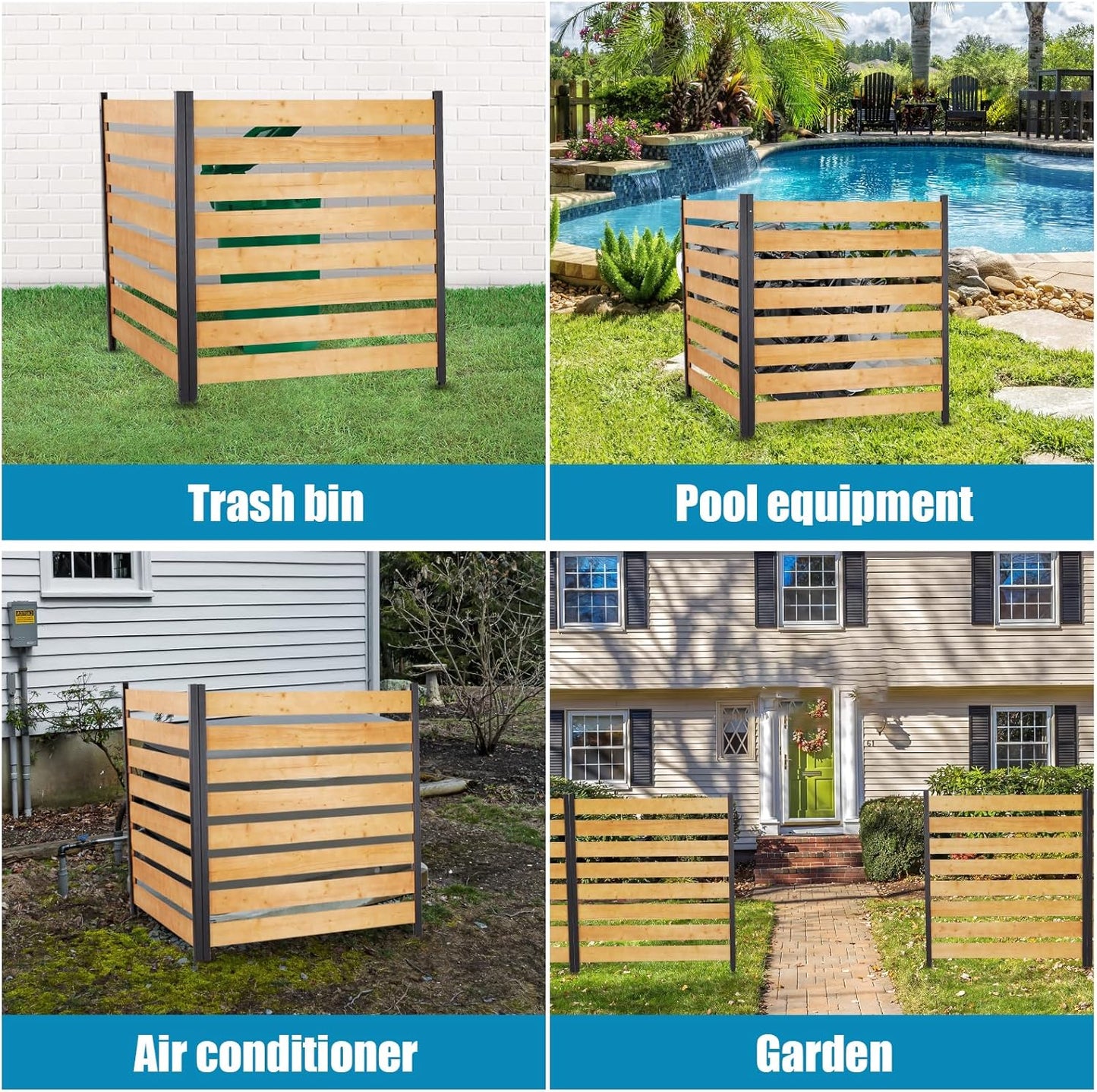 Privacy Fence Panels for Outside No Dig Fence Screen Garden Fence Wooden Air Conditioner Fence Panels for Outdoor Yard Trash Cans, AC, Compost Bin(48" W x 48" H-Horizontal-1 Panels Wood+Metal)