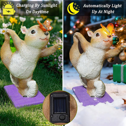 Solar Light Garden Statue Squirrel Figurine, Resin Squirrel Doing Yoga with Lighted Butterfly, Waterproof Spring Outdoor Ornaments for Garden, Front Door, Patio Decor & Gifts for Mother's Day
