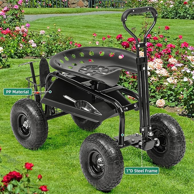 Rolling Garden Cart with 360° Swivel Work Seat, Adjustable Height, 10" Pneumatic Tires, Tool Tray & Storage Basket, Extendable Handle, Reduces Back & Spine Strain