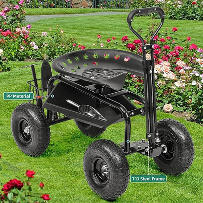 Rolling Garden Cart with 360° Swivel Work Seat, Adjustable Height, 10" Pneumatic Tires, Tool Tray & Storage Basket, Extendable Handle, Reduces Back & Spine Strain