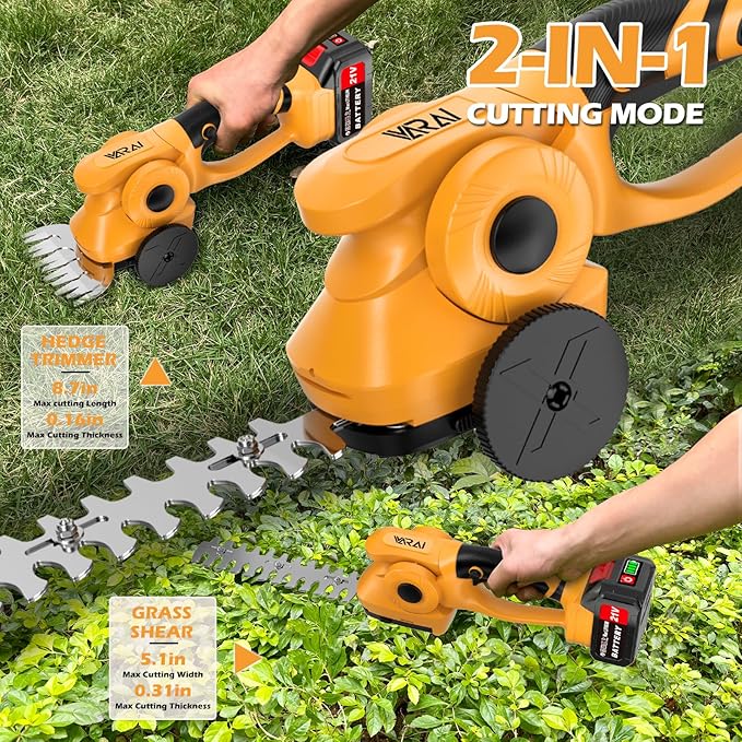 Cordless Hedge Trimmer, 2-in-1 Hedge Trimmer, Ultra Long Battery Life with Battery*2, high-Power and high-Capacity Grass Trimmer for Gardens, Yards and lawns, Including Charger