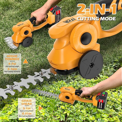 Cordless Hedge Trimmer, 2-in-1 Hedge Trimmer, Ultra Long Battery Life with Battery*2, high-Power and high-Capacity Grass Trimmer for Gardens, Yards and lawns, Including Charger