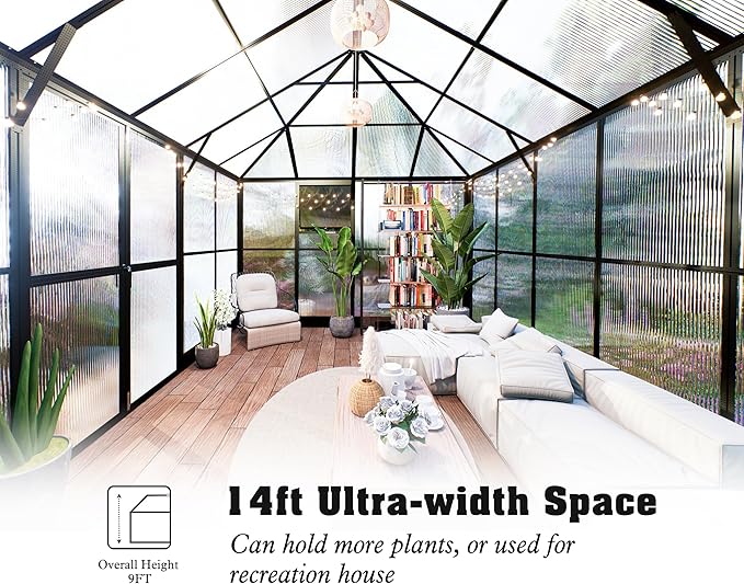 Howe 14x9.5x9 FT Polycarbonate Greenhouse with 2 Vents and Double Swing Doors 6FT Added Wall Height, Walk-in Large Sunroom Aluminum Greenhouse for Outdoors, Black