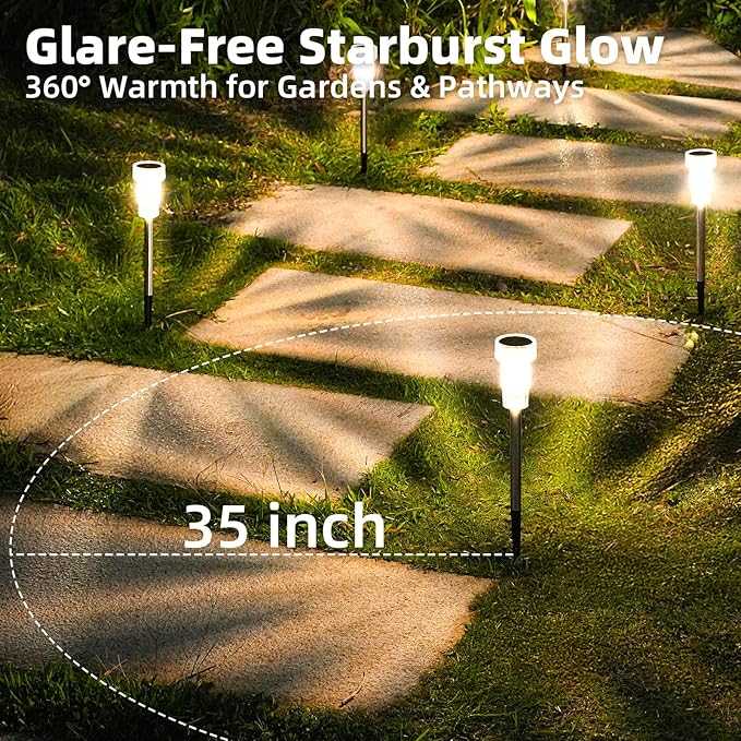 DERAYSION Solar Lights Outdoor, 8 Pack Solar Pathway Lights Waterproof Garden Lighting,Stainless Steel Pole Auto Dusk-to-Dawn Starburst for Path, Yard, Walkway, Driveway, Landscape(2700K Warm White)