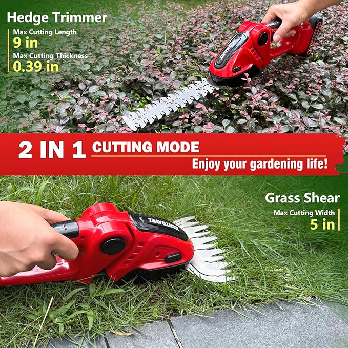 Cordless Hedge Trimmer & Grass Shears - 24V Electric Shrub Trimmer Grass Shears Handheld Grass Cutter, Hedge Shear with 2 PCS Rechargeable Battery, Charger and Toolbox to for Garden, Lawn, Red