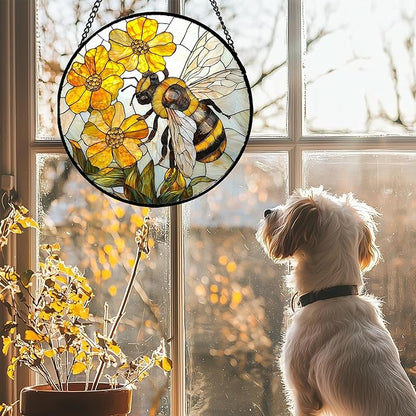 Stained Glass Window Hanging - Yellow Bees Gathering Flowers Sun Catcher for Door Garden Home Decor Cute Suncatcher Christmas Mother's Day Birthday Gifts for Women Men Mom Nana 7.8 in