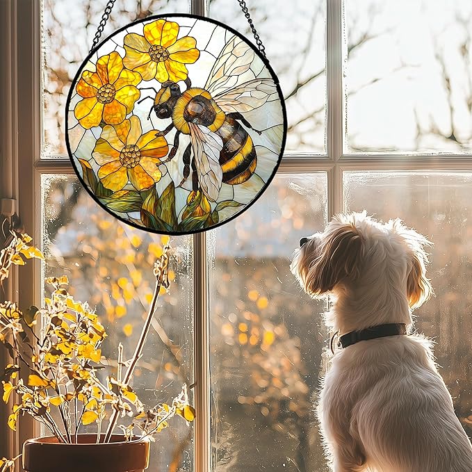 Stained Glass Window Hanging - Yellow Bees Gathering Flowers Sun Catcher for Door Garden Home Decor Cute Suncatcher Christmas Mother's Day Birthday Gifts for Women Men Mom Nana 6.3 in