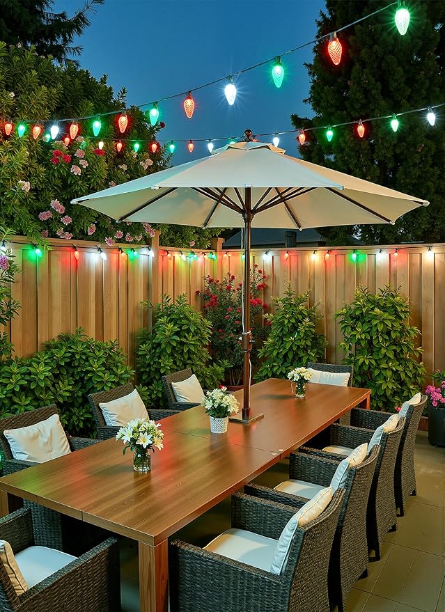 Brightown C9 Christmas Lights Outdoor, 114FT 150 LED String Lights with Timer, 8 Modes, UL Listed Waterproof Christmas Tree Lights for House Roof Garden Patio Decor, Red Green and Pure White