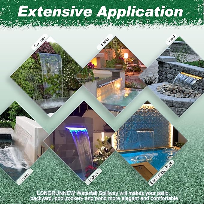 Pool Fountain, LONGRUNNEW Transparent Acrylic Pool Waterfall Spillway with Pipe Connector Kits for Indoor/Outdoor Decorative, 35.4 Inches Pool Water Feature for Garden Patio, Backyard Koi Pond Decor