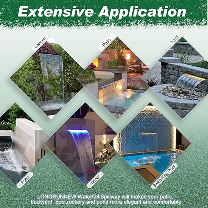 Pool Fountain, LONGRUNNEW Transparent Acrylic Pool Waterfall Spillway with Pipe Connector Kits for Indoor/Outdoor Decorative, 23.6 Inches Pool Water Feature for Garden Patio, Backyard Koi Pond Decor