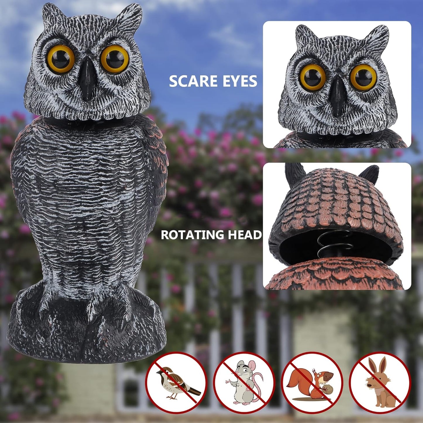 Hausse 3 Pack Bird Scarecrow Fake Owl Decoy Sculpture, Rotating Head Plastic Owl Bird Deterrents, 10.6 Inch Height Nature Enemy Horned Pest Repellent for Outdoor Garden Yard