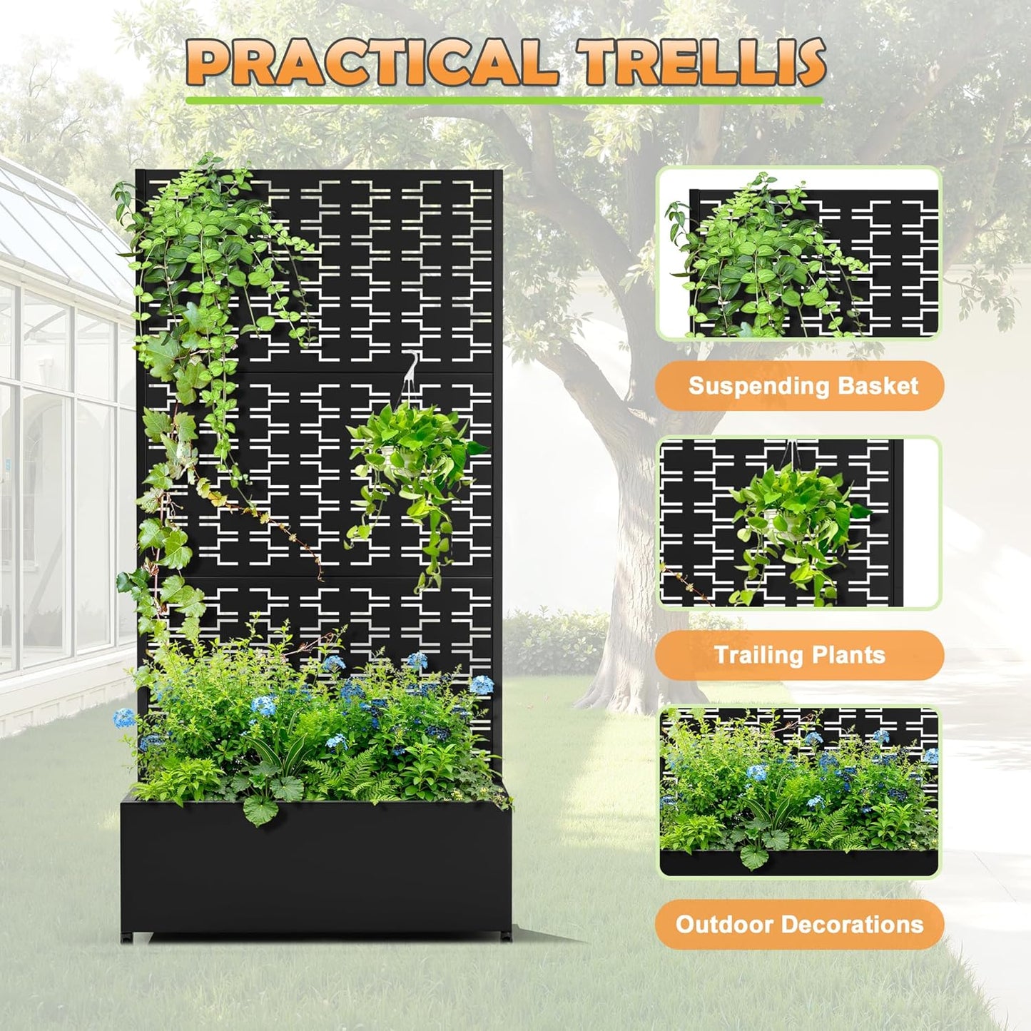 Metal Raised Garden Bed with Trellis, 2-in-1 Planter Box & Privacy Screen for Climbing Plants, Outdoor Standing Flower Bed with Drainage Holes, 35.4" L x 15.7" W x 70.1" H, Black-Brick