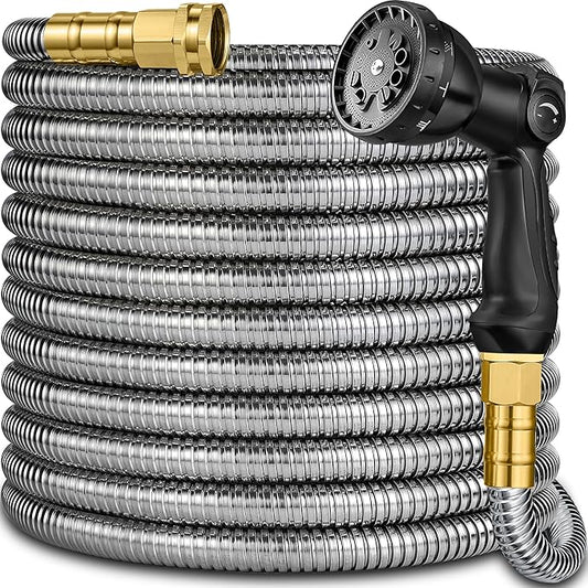 Metal Garden Hose 100 ft - Stainless Steel Garden Hose Leak-Proof with Layer Latex Core - 2025 Version/New Patented,Lightweight, Durable Hoses with Nozzles - Less-Kink Flexible Metal Water Hose
