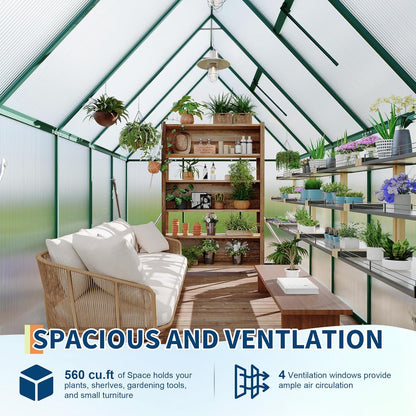 6'X9' Aluminum-Framed Polycarbonate Greenhouse, Heavy Duty Polycarbonate Greenhouse with Quick Setup Structure and Roof Vent, Large Enhanced Aluminum Greenhouses Kit for Outdoors