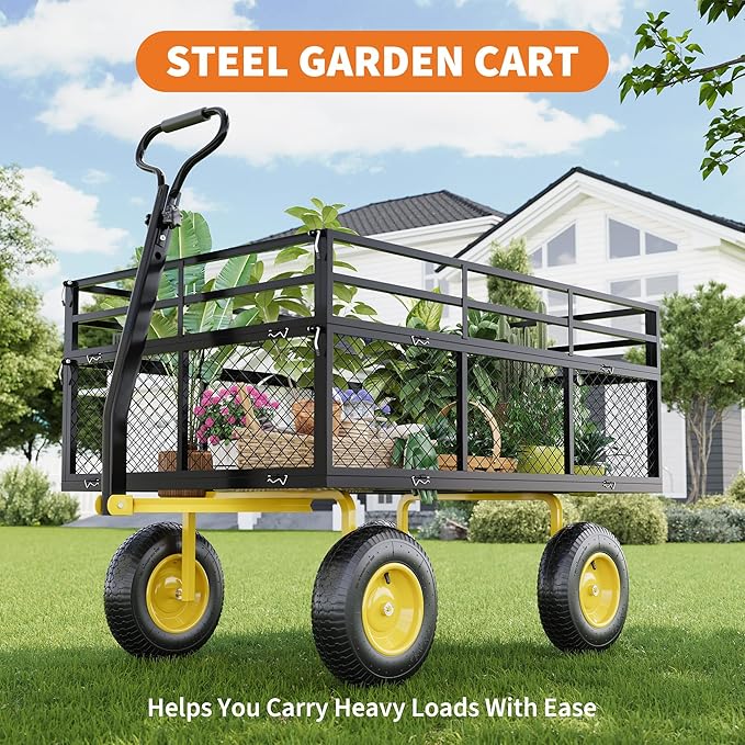 Metal Wagon - 1400lbs Garden Cart with 10" Multi-Terrain Tires, 4 Removable Mesh Sides & 180° Swivel Handle, Yard Wagon Cart for Lawn, Yard, Patio Gardening