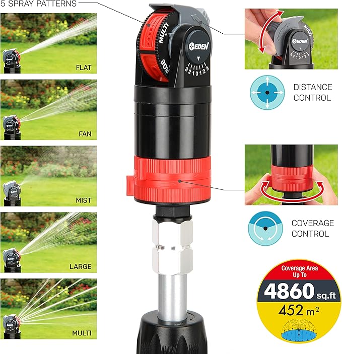 Eden 11530 Multi-Pattern Turbo Gear Drive Metal Tripod Sprinkler Plus Misting System & 94124 Multi Pattern Turbo Gear Drive Sprinkler Plus Misting System, with Quick Connect Set, 360 Degree Coverage