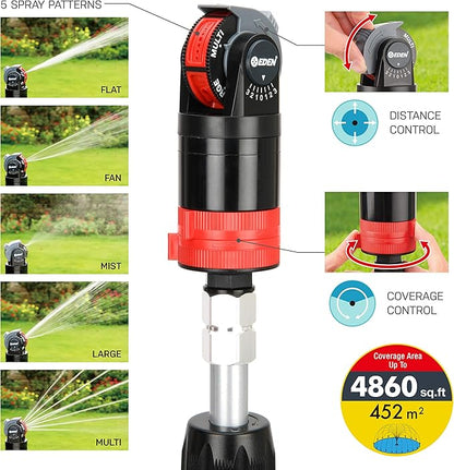 Eden 11530 Multi-Pattern Turbo Gear Drive Metal Tripod Sprinkler Plus Misting System & 94124 Multi Pattern Turbo Gear Drive Sprinkler Plus Misting System, with Quick Connect Set, 360 Degree Coverage