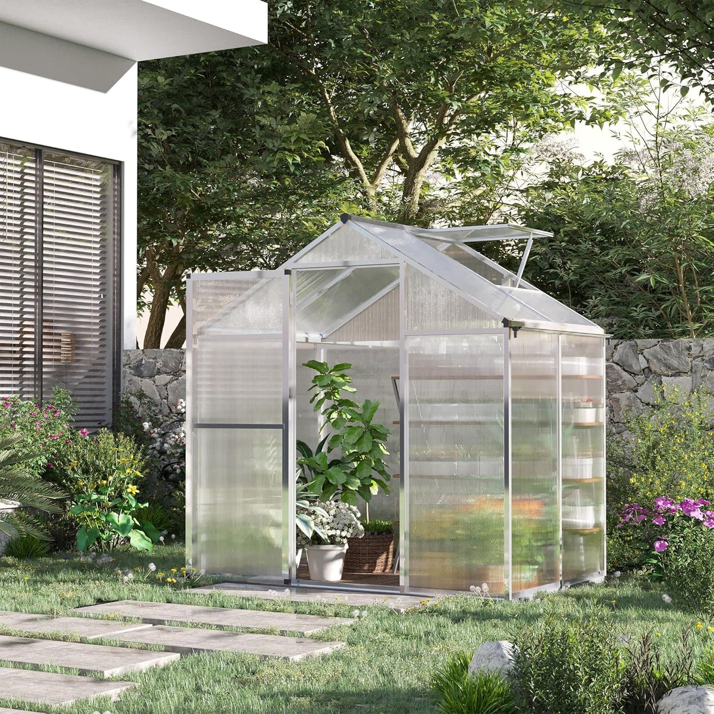 Outsunny 4' x 6' Greenhouse for Outdoors, Polycarbonate Greenhouse with Rain Gutter and Roof Vent, Aluminum Walk-in Green Houses for Outside Patio Backyard Garden