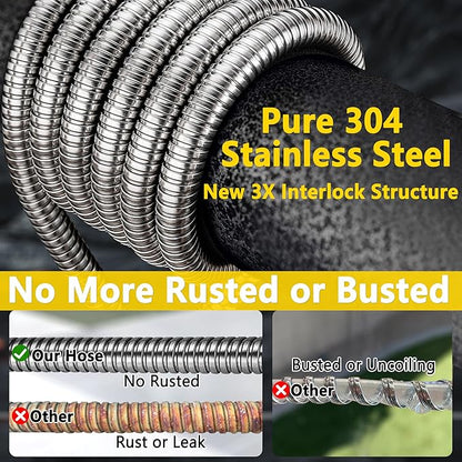 50 ft ft Stainless Steel Garden Hose - 2025 Upgraded Metal Water hose - Flexible Water Hose Pipe with Latex Core, 3/4" Solid Brass Connectors - No-Expandable Garden Hoses