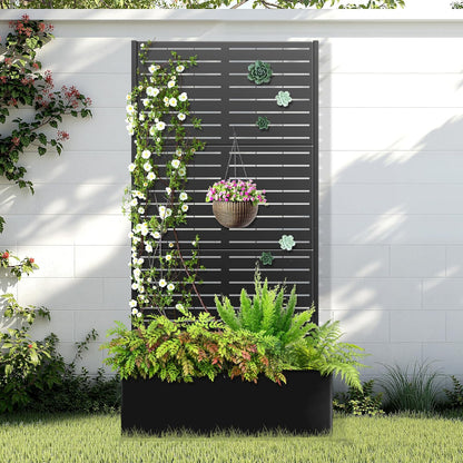 Metal Raised Garden Bed with Trellis, 2 in 1 Trellis with Planter Box & Privacy Screen for Climbing Plants, Vine, Outdoor Standing Flower Beds with Drainage Holes, 35.4"L x 15.7"W x 70.9"H, Black