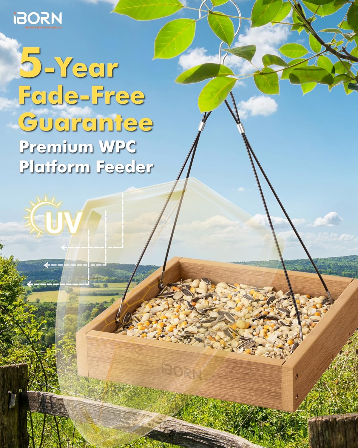 iBorn Platform Bird Feeder Tray Bird Feeders for Outdoors 10.6"x10.6" Platform Feeder with Large Capacity 3 LBS, Recycled Plastic & Cedar Look, Waterproof, Raw