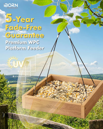 iBorn Platform Bird Feeder Tray Bird Feeders for Outdoors 10.6"x10.6" Platform Feeder with Large Capacity 3 LBS, Recycled Plastic & Cedar Look, Waterproof, Raw
