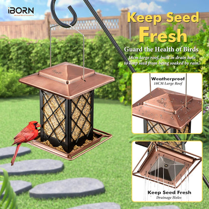 iBorn Bird Feeders for Outdoors, Metal Bird Feeder, Wild Bird Feeders for Cardinal, 2.4LBS Capacity,18cm Large Roof, Lantern Style, Brush Copper