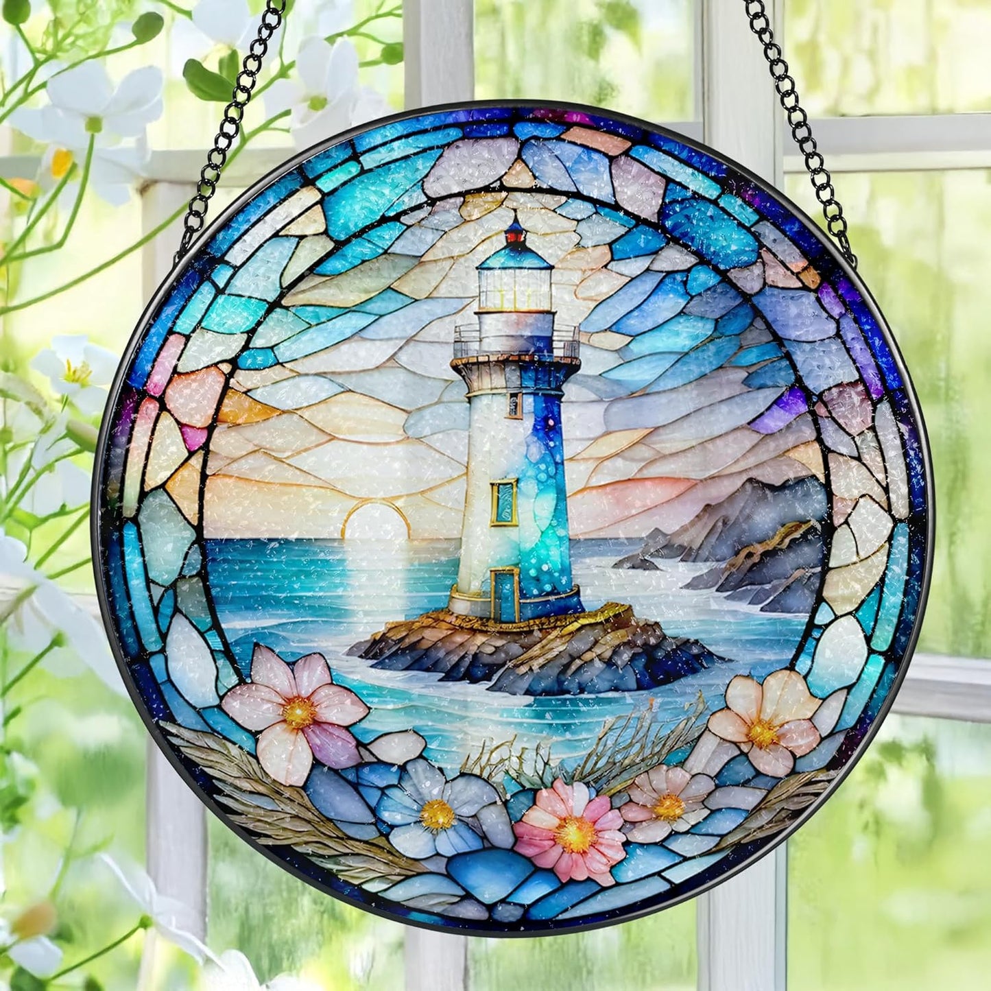 Stained Glass Window Hanging, Pauyadu Lighthouse Sun Catchers, Stained Glass Suncatcher, Lighthouse Decor Gifts for Women, Men, Lovers, Friend, Family and Partners- 8 Inch
