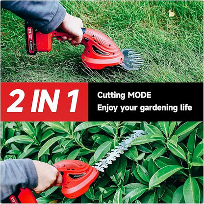 Hedge Trimmer Cordless,2 in 1 Hedge Shrub Grass Shears,21 V Electric Hedge Trimmer Grass Cutter Bush Trimmer with 2 PCS Rechargeable Battery for Garden, Lawn, Yard (Red)