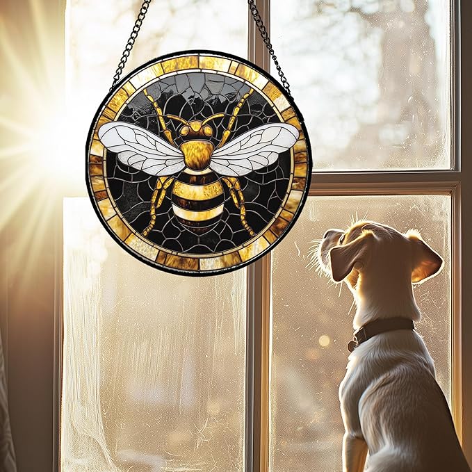 Stained Glass Window Hanging - Black Gold Bee White Wings Sun Catcher for Door Home Decor Insect Suncatcher Christmas Mother's Day Birthday Gifts for Women Men Lovers Mom Nana 7.8 in
