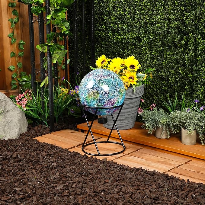 Alpine Corporation - Shades of Blue Crackle Glass Gazing Ball, Colorful Garden Décor for Patio & Yard, 12" Tall (Multicolor)