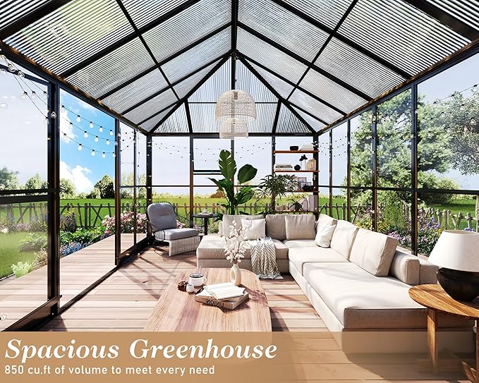 HOWE 14x9.5x9 FT Pavilion Styled Greenhouse with Clear Panels Double Swing Doors, 6 FT Wall Height Hybrid Polycarbonate Greenhouse, Green Houses for Outdoors, Sunroom Black