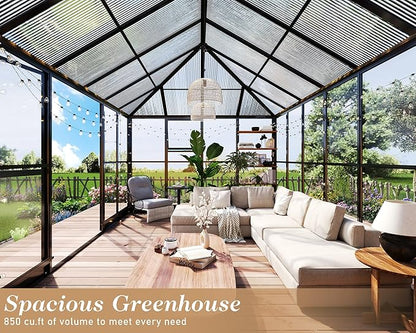 HOWE 14x9.5x9 FT Pavilion Styled Greenhouse with Clear Panels Double Swing Doors, 6 FT Wall Height Hybrid Polycarbonate Greenhouse, Green Houses for Outdoors, Sunroom Black