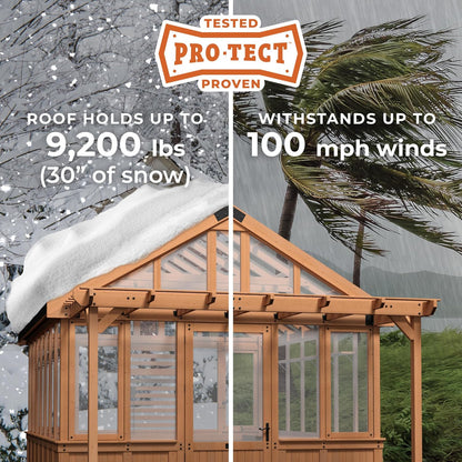 Backyard Discovery Bellerose XL 13' x 11' Cedar Wood and Polycarbonate Walk-in Greenhouse Kit with Pergola, Exhaust Fan, Windows, Hose Hook-Ups, PowerPort, Staging Shelves for Outdoor Gardening