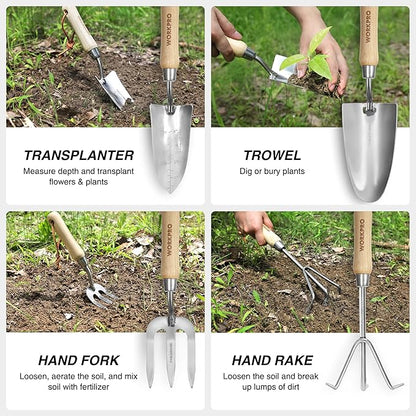 WORKPRO 8-Piece Pink Garden Tool Set, Stainless Steel Gardening Tools with Wood Handle, Including Garden Tote, Gloves, Trowel, Hand Weeder, Cultivator and More, Gardening Gifts For Women - Pink Ribbon